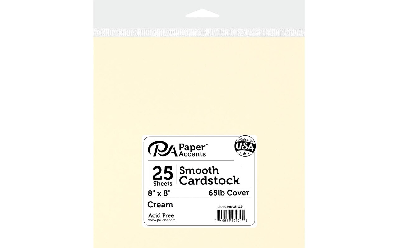 PA Paper Accents Smooth Cardstock 8" x 8" Cream, 65lb colored cardstock paper for card making, scrapbooking, printing, quilling and crafts, 25 piece pack